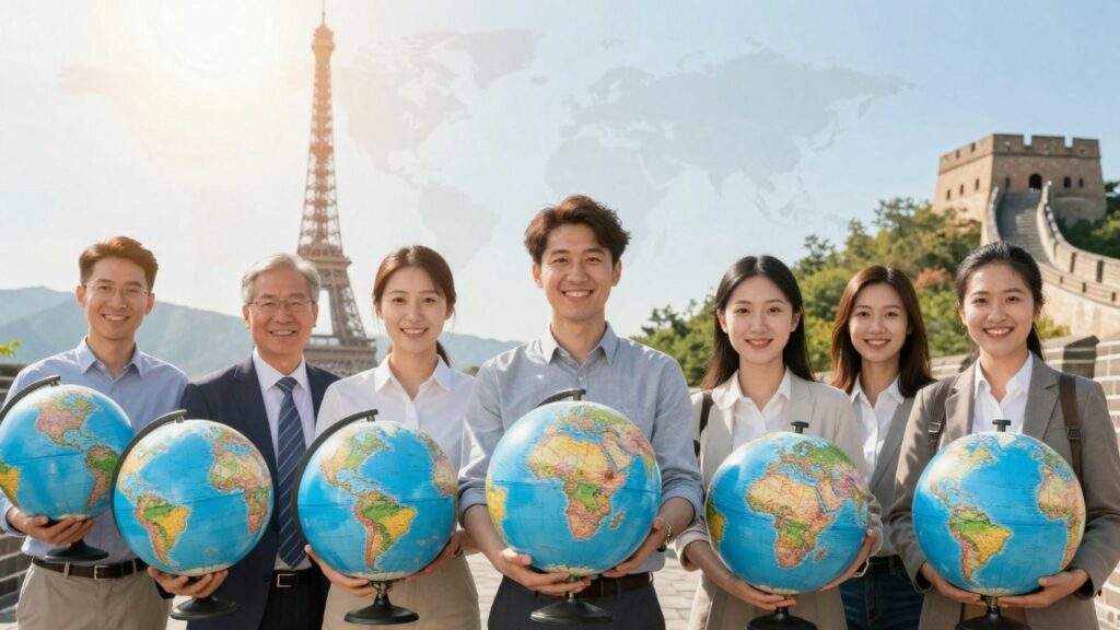 Teachers holding globes near international landmarks.