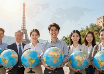 Teachers holding globes near international landmarks.