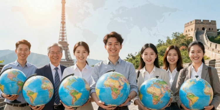 Teachers holding globes near international landmarks.