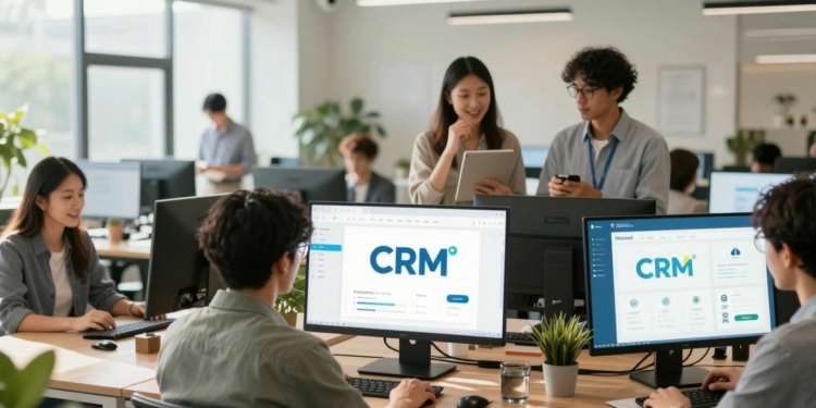 Small business owners using CRM software on digital devices.