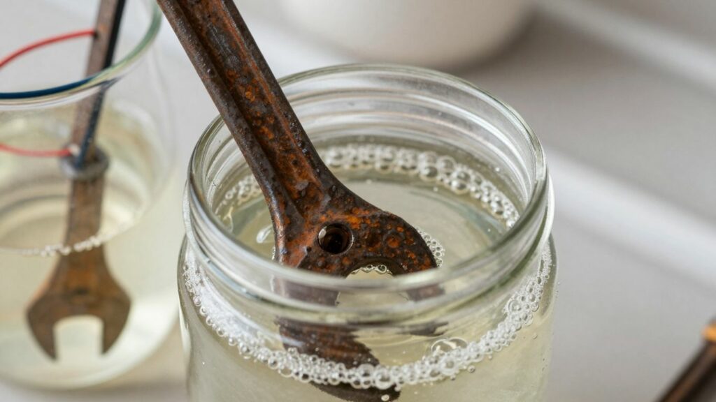 Rusty tools being cleaned with vinegar and electrolysis.