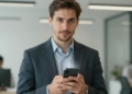 Person holding a smartphone, ready to send an email.