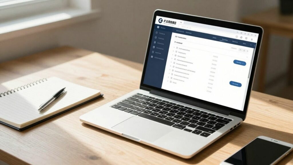 Laptop with invoicing software on a desk.