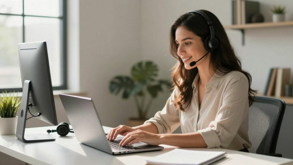 Virtual assistant working on a laptop in a home office.
