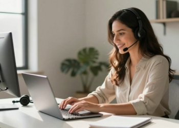 Virtual assistant working on a laptop in a home office.