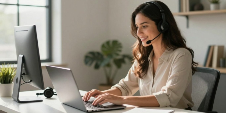 Virtual assistant working on a laptop in a home office.