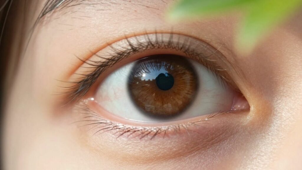 Healthy eye with sunlight and green leaves