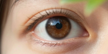 Healthy eye with sunlight and green leaves