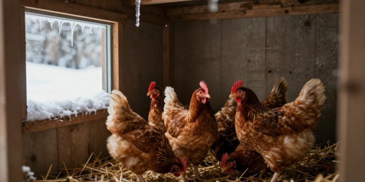 Cozy chicken coop interior with straw bedding and chickens.