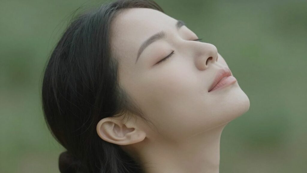 Woman practicing deep breathing for anxiety relief.