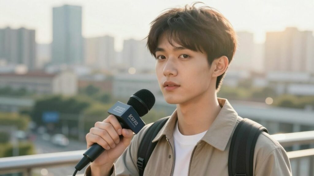 Reporter with microphone in a city setting.