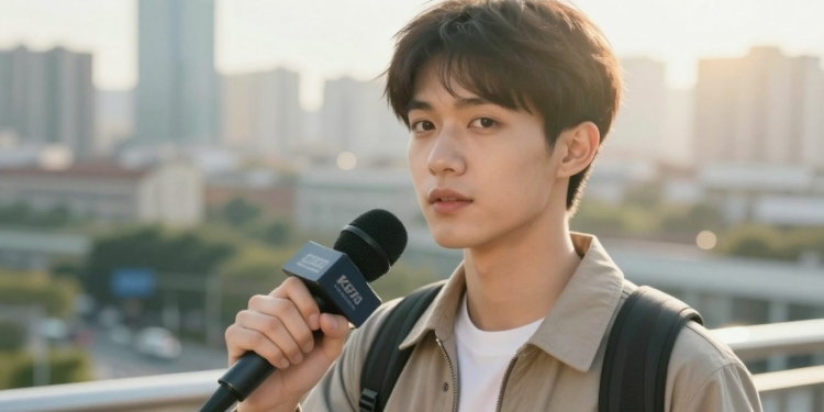 Reporter with microphone in a city setting.