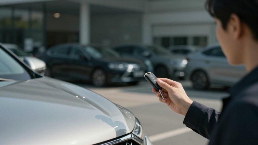 Person holding car key, considering a purchase.