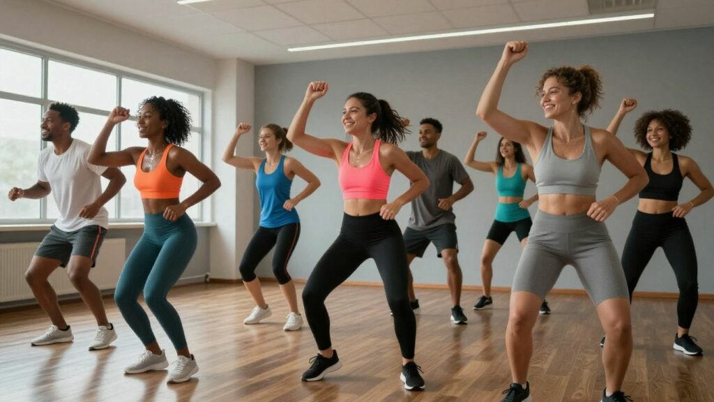 People dancing energetically in a Zumba class.