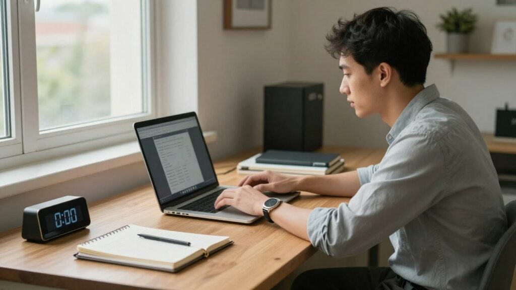 Freelancer working with laptop and digital clock nearby