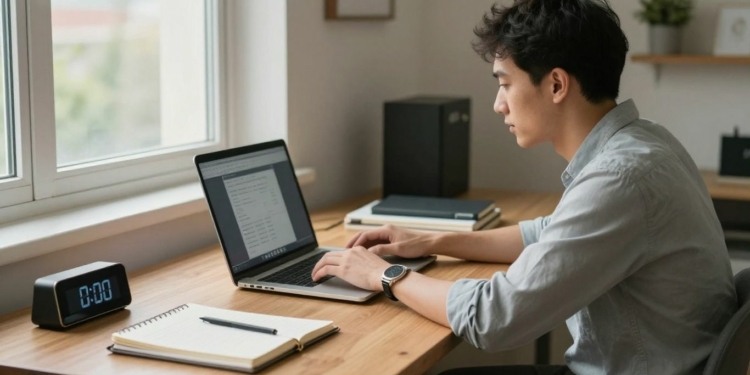 Freelancer working with laptop and digital clock nearby