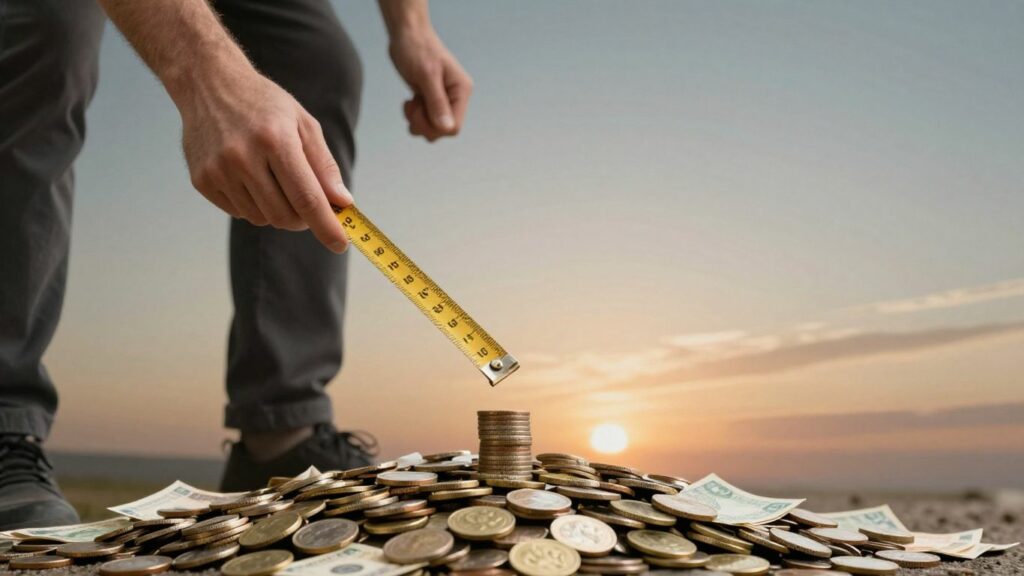 Calculating net worth with a measuring tape over money.