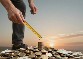 Calculating net worth with a measuring tape over money.