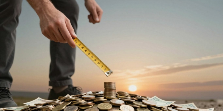 Calculating net worth with a measuring tape over money.