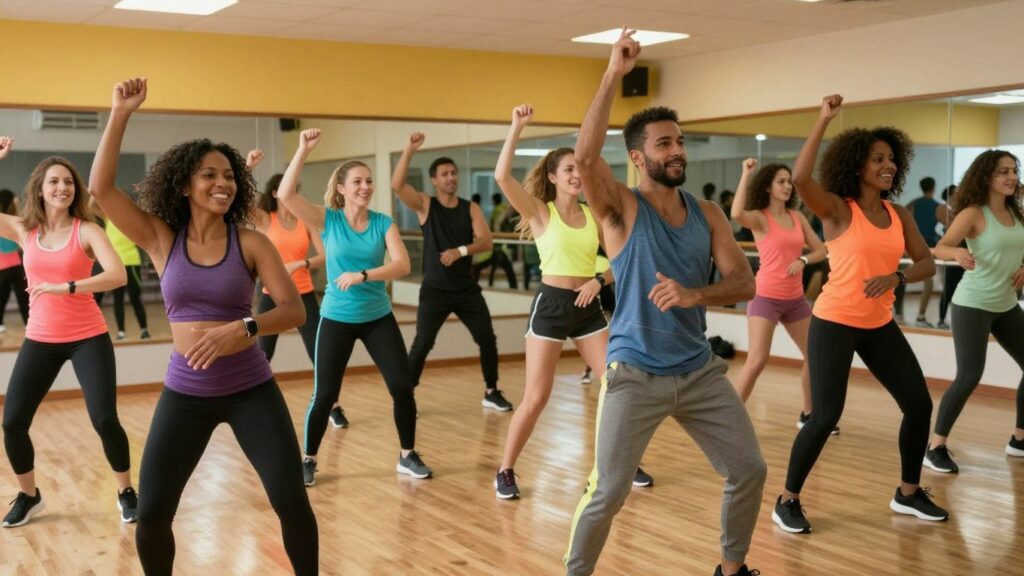 People dancing energetically in a Zumba workout class.
