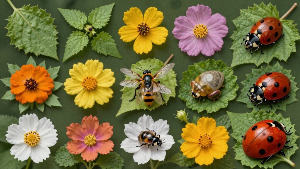 Natural biopesticides with leaves, flowers, and insects.