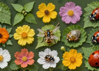 Natural biopesticides with leaves, flowers, and insects.