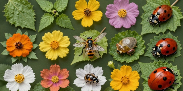 Natural biopesticides with leaves, flowers, and insects.