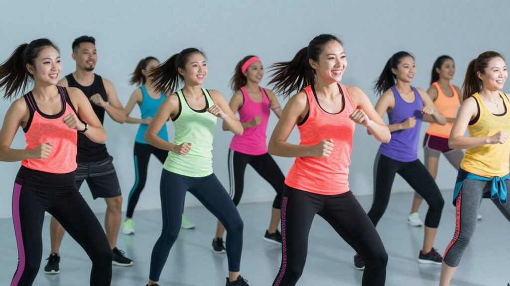 People dancing energetically in a Zumba workout class.