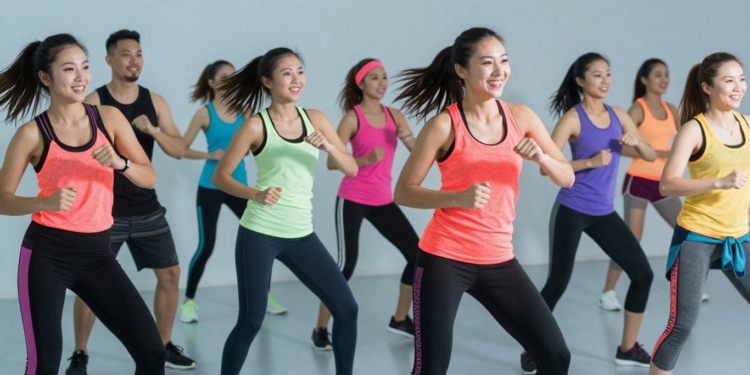 People dancing energetically in a Zumba workout class.