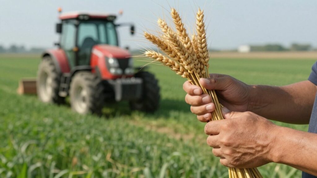 Farmer holding wheat with tractor in background