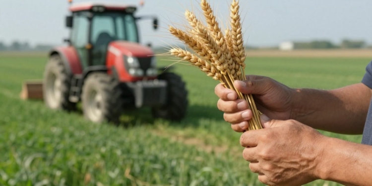Farmer holding wheat with tractor in background