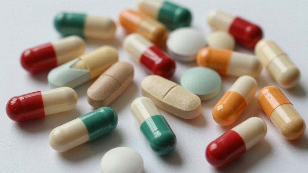 Probiotic supplements in capsules and tablets.