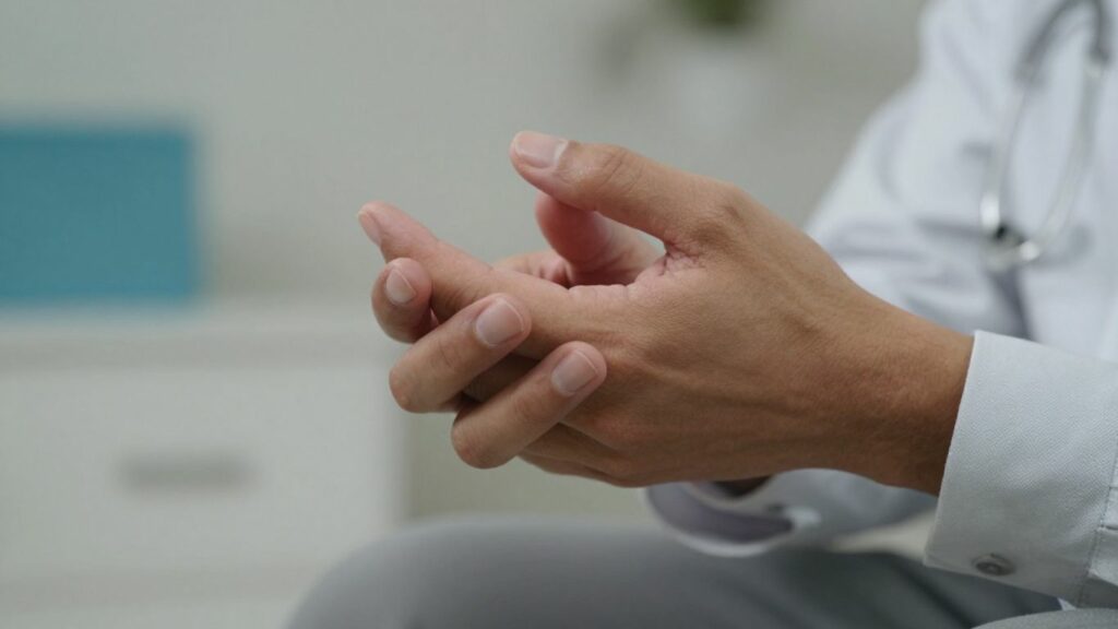 Hands with a slight tremor, Parkinson's disease symptom.