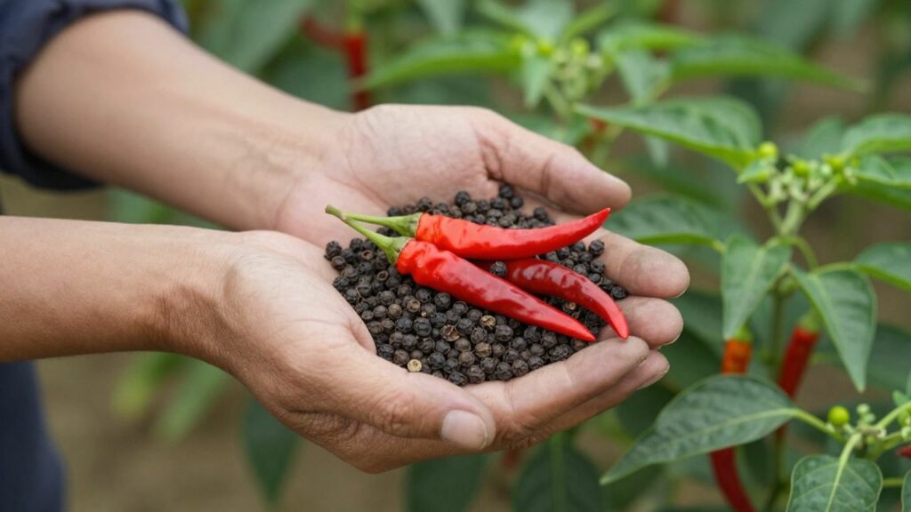 Black peppercorns and red chili peppers in farmer's hands.
