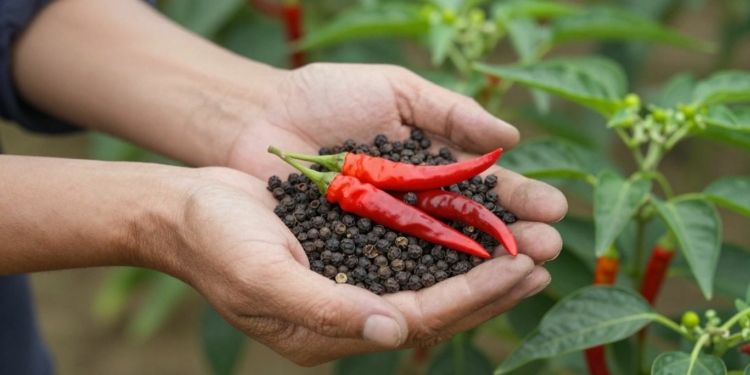Black peppercorns and red chili peppers in farmer's hands.