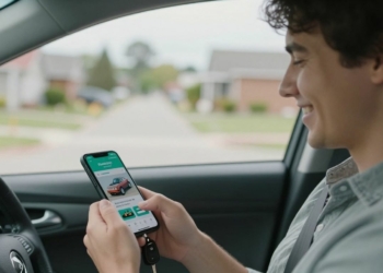 Delivery driver with keys and phone.