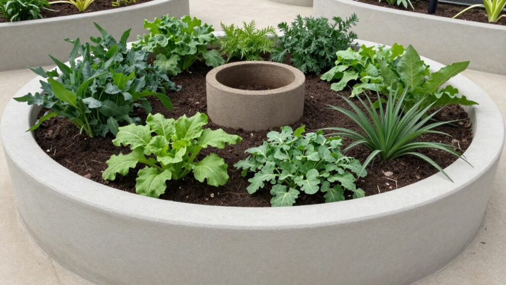 Keyhole garden bed with plants and central compost cylinder.