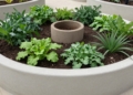 Keyhole garden bed with plants and central compost cylinder.