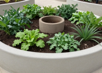 Keyhole garden bed with plants and central compost cylinder.