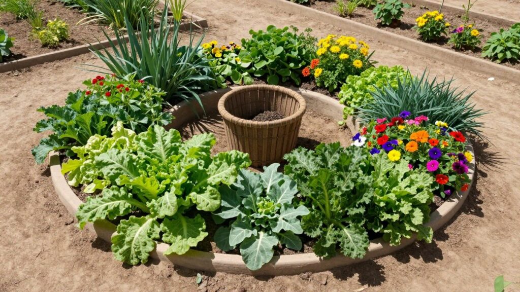 Circular keyhole garden with vegetables and flowers.