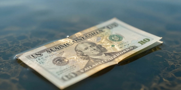 US savings bond partially submerged in calm water.