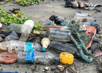 assorted garbage bottles on sandy surface