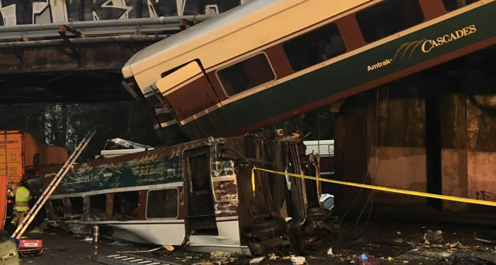 Amtrak train derails over highway in Washington