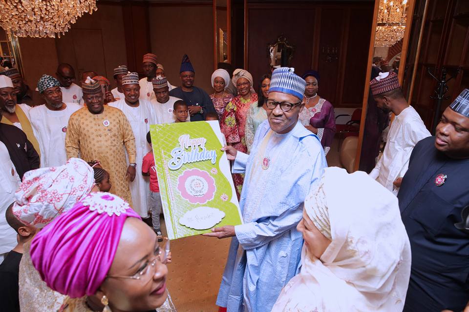 Photos: Former first ladies, Maryam Abacha & Fati Abdulsalam Abubakar, present President Buhari a birthday card at his surprise get together