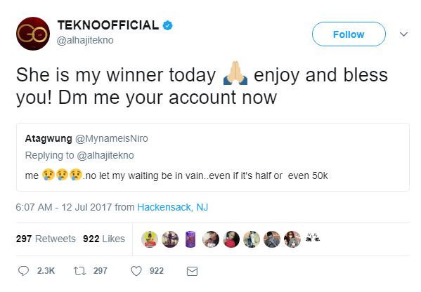 BellaNaija - Lucky Twitter User receives 500k from Tekno