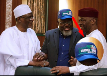 Communications minister, Adebayo Shittu (middle) wearing the Buhari’s re-election campaign cap on Wednesday ... in Abuja