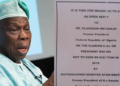 Obasanjo, Open letter by Former Senate President, Ameh Ebute