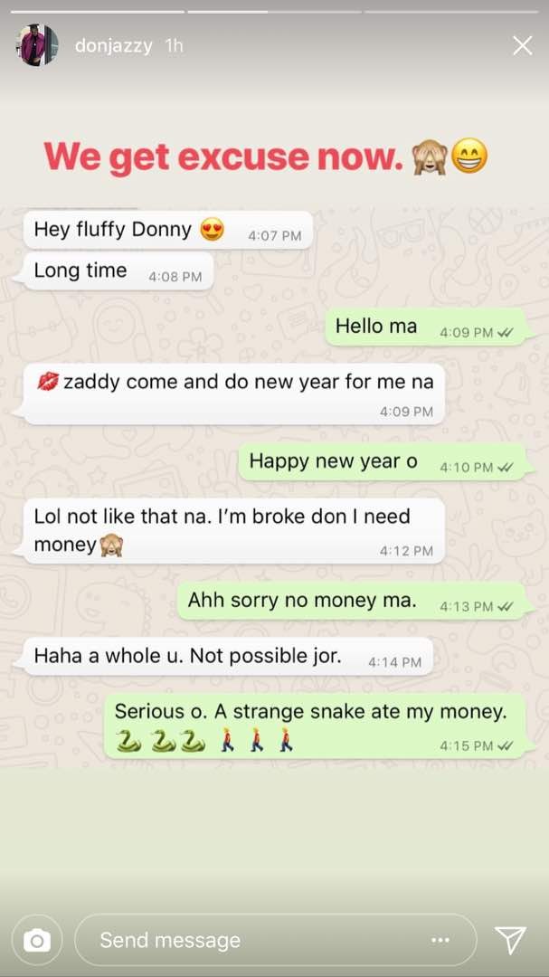 Screenshot: Don Jazzy tells female fan who asked him for money that a 