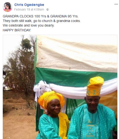 Old Nigerian couple celebrate their 100th and 95th birthdays together in strong health