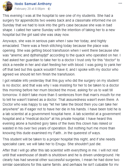 Schoolgirl dies in Benue state after being operated on by a lab scientist posing as a doctor